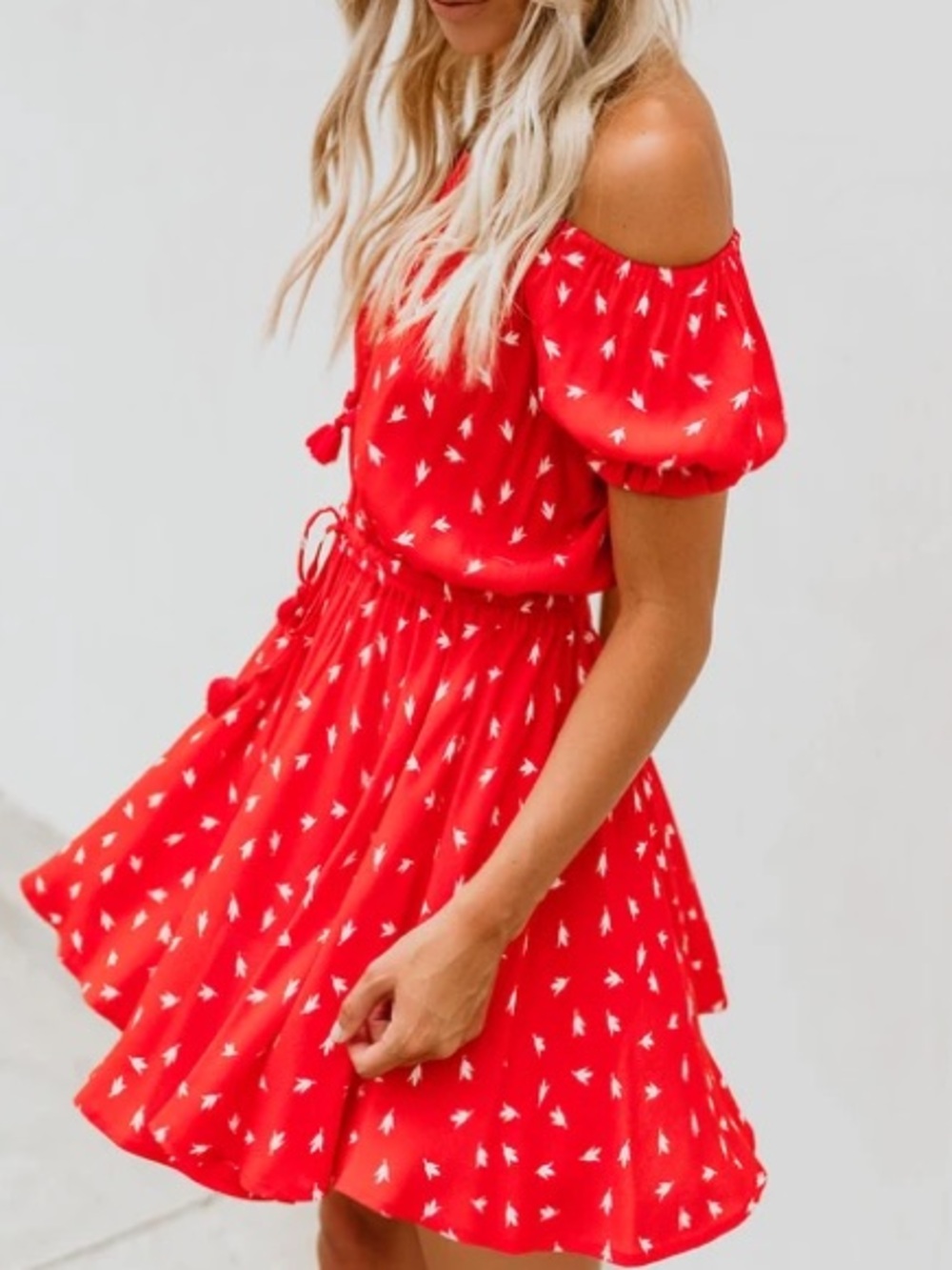 Vici Red Off-Shoulder Puff-Sleeve Kids Dress with White Print
